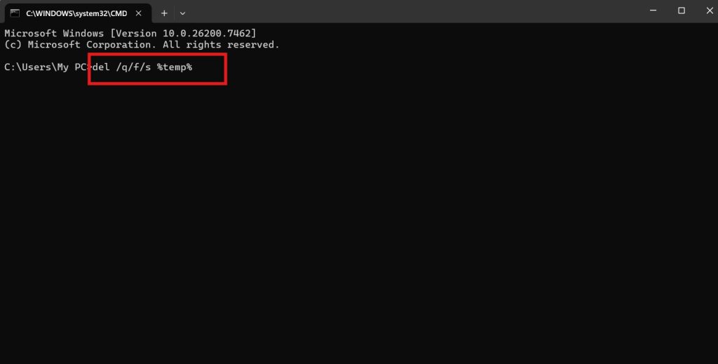 del /q/f/s %temp% command