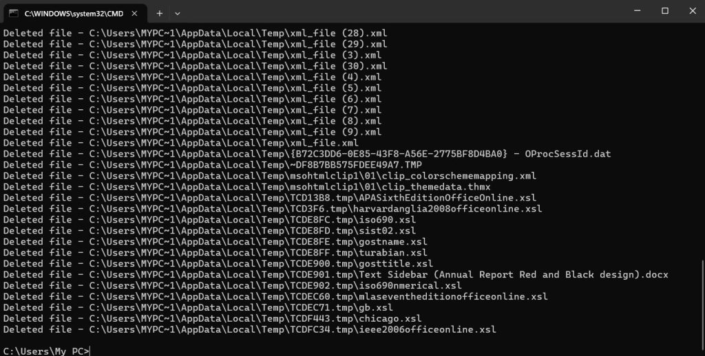 del /q/f/s %temp% command